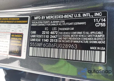 2015 Mercedes-Benz C 400 4Matic из США, поврежденный, VIN 55SWF6GB6FU028963